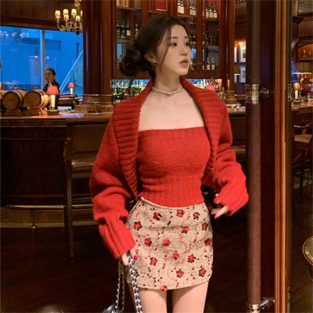 FA47137# 纯子翻领披肩毛衣外套抹胸女冬慵懒风上衣  服裝批發女裝批發服飾貨源