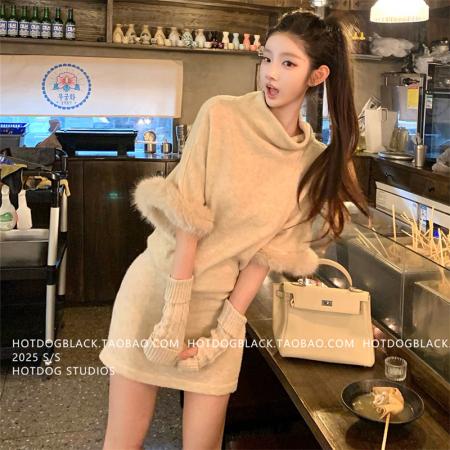 FA47138# 热狗很辣巴斯奶兔仿真狐狸毛荡领连衣裙女送针织手套  服裝批發女裝批發服飾貨源