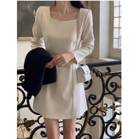 FA47139# 韩国东大门秋新款方领收腰纯色中长款连衣裙短裙  服裝批發女裝批發服飾貨源