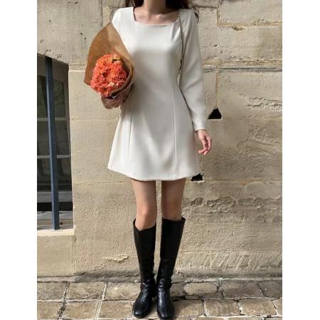 FA47139# 韩国东大门秋新款方领收腰纯色中长款连衣裙短裙  服裝批發女裝批發服飾貨源