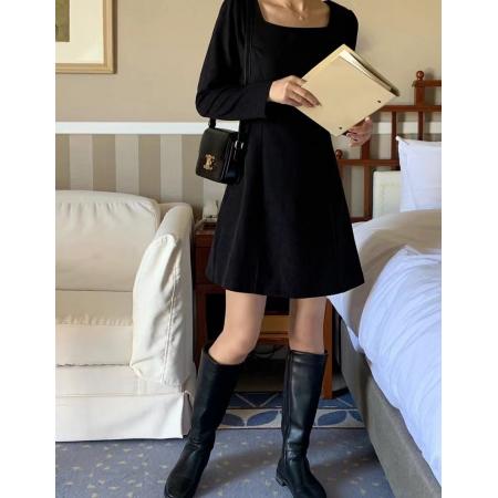 FA47139# 韩国东大门秋新款方领收腰纯色中长款连衣裙短裙  服裝批發女裝批發服飾貨源