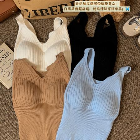 FA47144# 秋冬保暖针织吊带背心v领内搭打底带胸垫修身显瘦上衣  服裝批發女裝批發服飾貨源