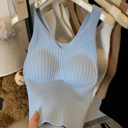 FA47144# 秋冬保暖针织吊带背心v领内搭打底带胸垫修身显瘦上衣  服裝批發女裝批發服飾貨源