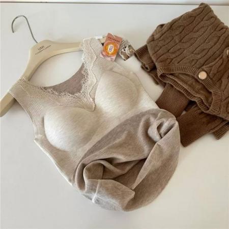 FA47145# 羊绒蚕丝聚拢杯发热背心长款无痕内搭固定胸垫保暖上衣女士  服裝批發女裝批發服飾貨源