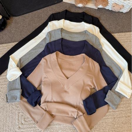 FA47146# 性感V领加绒长袖女秋冬内搭保暖修身打底上衣  服裝批發女裝批發服飾貨源