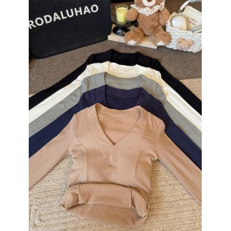 FA47146# 性感V领加绒长袖女秋冬内搭保暖修身打底上衣  服裝批發女裝批發服飾貨源