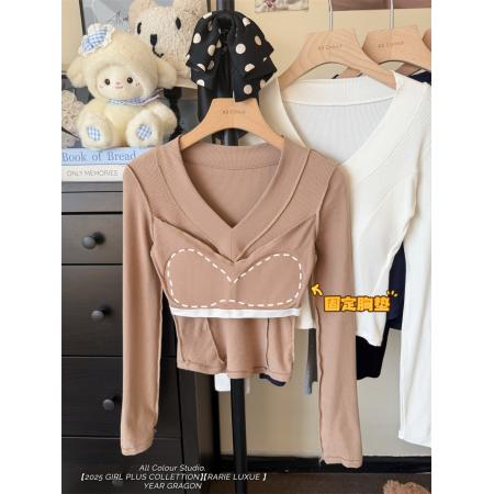 FA47146# 性感V领加绒长袖女秋冬内搭保暖修身打底上衣  服裝批發女裝批發服飾貨源