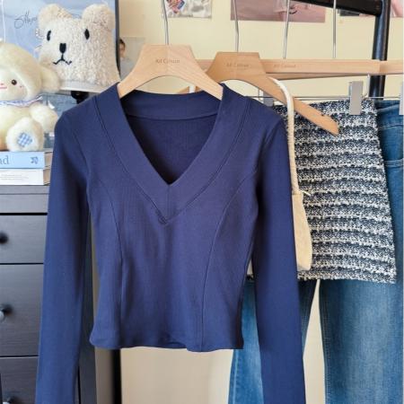 FA47146# 性感V领加绒长袖女秋冬内搭保暖修身打底上衣  服裝批發女裝批發服飾貨源