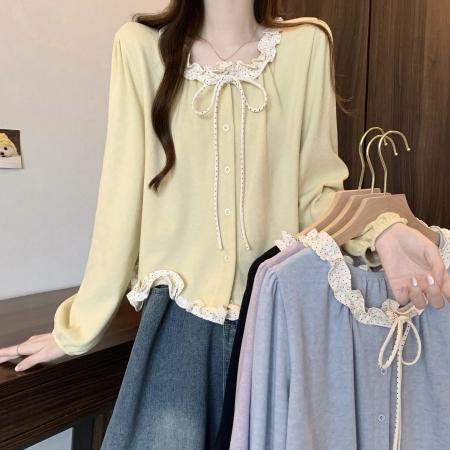 FA47148# 新版法式气质泡泡袖木耳边蝴蝶结系带上衣  服裝批發女裝批發服飾貨源