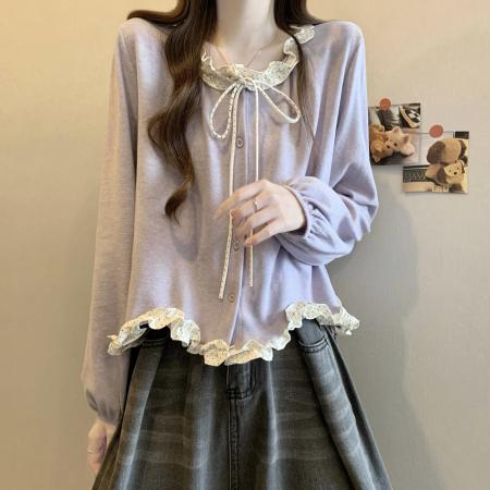 FA47148# 新版法式气质泡泡袖木耳边蝴蝶结系带上衣  服裝批發女裝批發服飾貨源