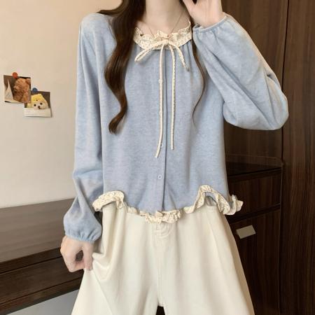 FA47148# 新版法式气质泡泡袖木耳边蝴蝶结系带上衣  服裝批發女裝批發服飾貨源