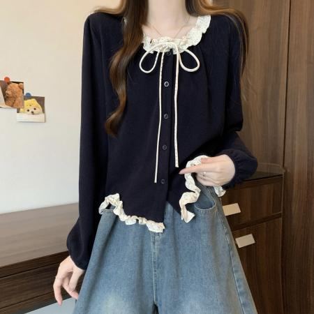 FA47148# 新版法式气质泡泡袖木耳边蝴蝶结系带上衣  服裝批發女裝批發服飾貨源