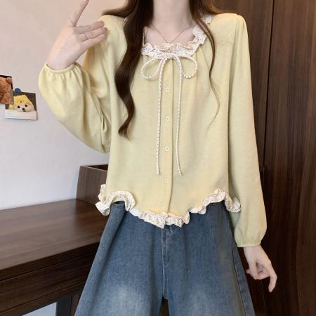 FA47148# 新版法式气质泡泡袖木耳边蝴蝶结系带上衣  服裝批發女裝批發服飾貨源