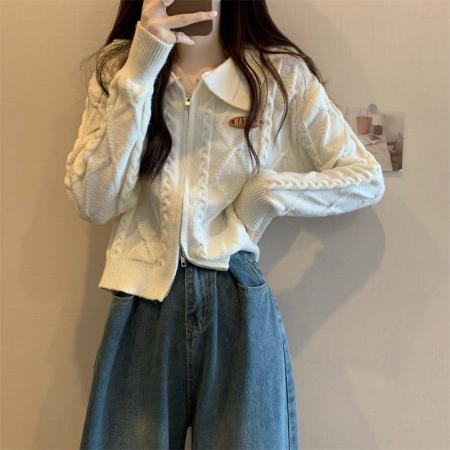 FA47149# 新版韩风早秋设计感拉链翻领毛衣开衫  服裝批發女裝批發服飾貨源