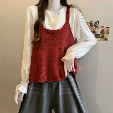 FA47150# 新版法式内搭衬衫+针织背心叠穿设计感两件套  服裝批發女裝批發服飾貨源