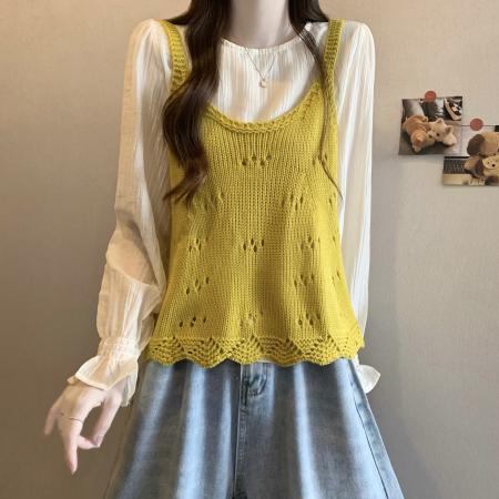 FA47150# 新版法式内搭衬衫+针织背心叠穿设计感两件套  服裝批發女裝批發服飾貨源