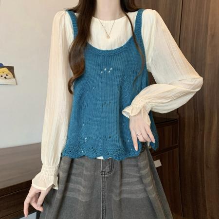FA47150# 新版法式内搭衬衫+针织背心叠穿设计感两件套  服裝批發女裝批發服飾貨源