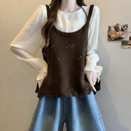 FA47150# 新版法式内搭衬衫+针织背心叠穿设计感两件套  服裝批發女裝批發服飾貨源