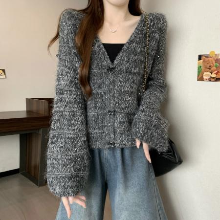 FA47152# 新版韩风设计感V领针织毛衣短款开衫外套  服裝批發女裝批發服飾貨源