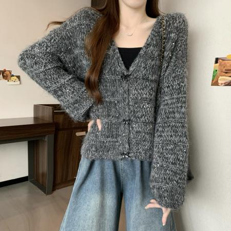 FA47152# 新版韩风设计感V领针织毛衣短款开衫外套  服裝批發女裝批發服飾貨源