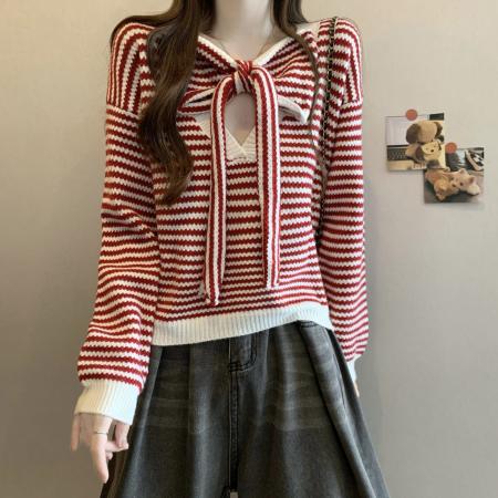 FA47153# 新版韩风设计感拼色条纹蝴蝶结两面穿针织衫毛衣  服裝批發女裝批發服飾貨源