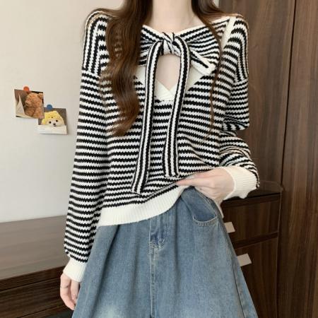FA47153# 新版韩风设计感拼色条纹蝴蝶结两面穿针织衫毛衣  服裝批發女裝批發服飾貨源