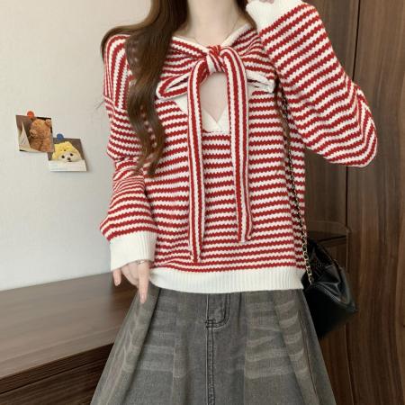 FA47153# 新版韩风设计感拼色条纹蝴蝶结两面穿针织衫毛衣  服裝批發女裝批發服飾貨源