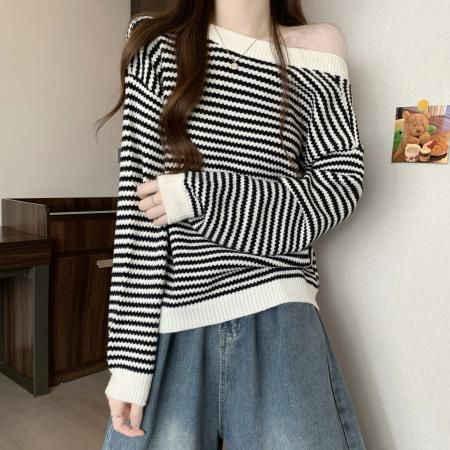 FA47153# 新版韩风设计感拼色条纹蝴蝶结两面穿针织衫毛衣  服裝批發女裝批發服飾貨源