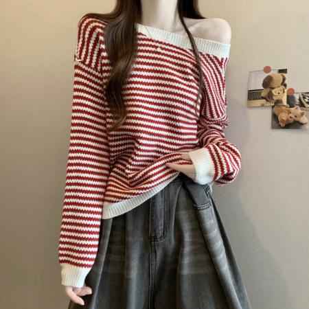 FA47153# 新版韩风设计感拼色条纹蝴蝶结两面穿针织衫毛衣  服裝批發女裝批發服飾貨源