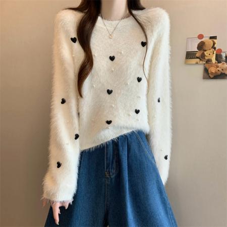 FA47154# 新版韩风设计感水貂绒立体爱心针织衫短款毛衣  服裝批發女裝批發服飾貨源