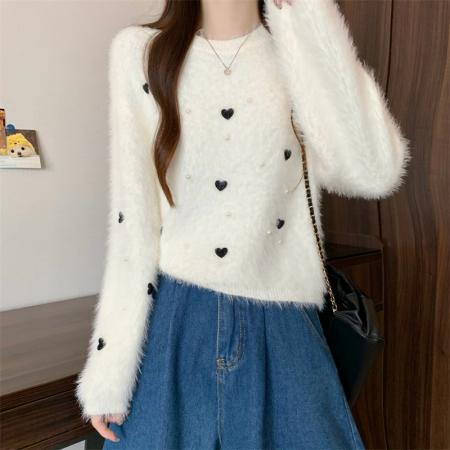 FA47154# 新版韩风设计感水貂绒立体爱心针织衫短款毛衣  服裝批發女裝批發服飾貨源