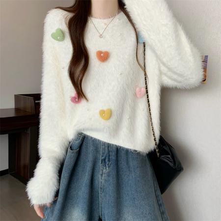 FA47155# 新版韩风设计感水貂绒立体爱心针织衫短款毛衣  服裝批發女裝批發服飾貨源