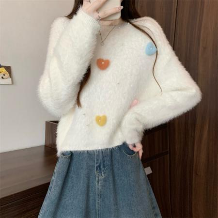 FA47155# 新版韩风设计感水貂绒立体爱心针织衫短款毛衣  服裝批發女裝批發服飾貨源