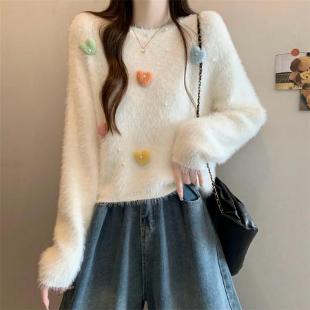 FA47155# 新版韩风设计感水貂绒立体爱心针织衫短款毛衣  服裝批發女裝批發服飾貨源