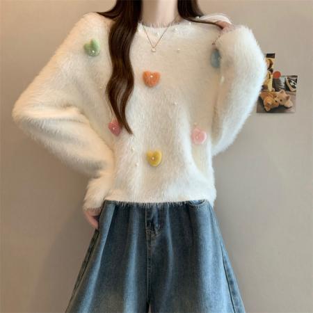 FA47155# 新版韩风设计感水貂绒立体爱心针织衫短款毛衣  服裝批發女裝批發服飾貨源