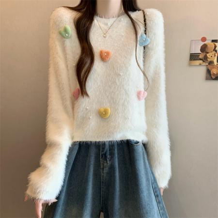 FA47155# 新版韩风设计感水貂绒立体爱心针织衫短款毛衣  服裝批發女裝批發服飾貨源