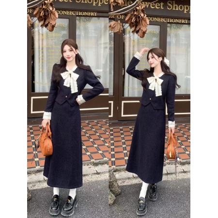 FA47156# 秋冬法式高端精致大码显瘦时尚气质蝴蝶结系带上衣半裙套装  服裝批發女裝批發服飾貨源