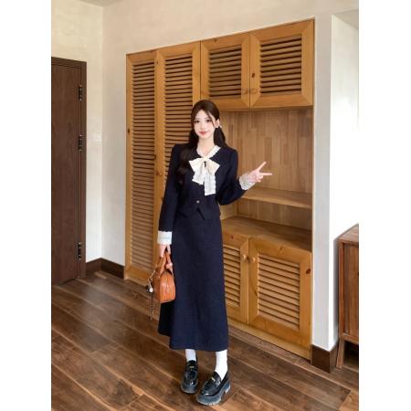 FA47156# 秋冬法式高端精致大码显瘦时尚气质蝴蝶结系带上衣半裙套装  服裝批發女裝批發服飾貨源