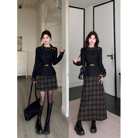 FA47157# 大码新款秋冬打底法式气质显瘦格子拼接两件套套装送腰带  服裝批發女裝批發服飾貨源