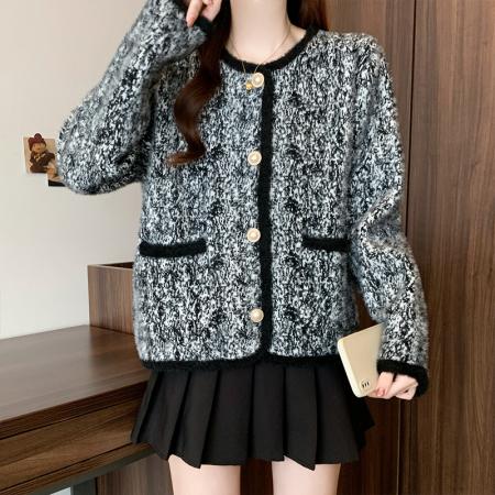 FA47158# 冬季新款大码时尚小香风圆领百搭仿水貂绒加厚针织外套  服裝批發女裝批發服飾貨源