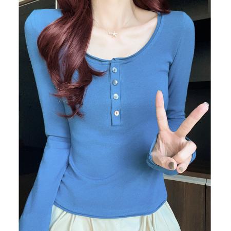 FA47159# 美式收腰长袖t恤女秋季高级感修身打底衫女内搭撞色叠穿神器  服裝批發女裝批發服飾貨源