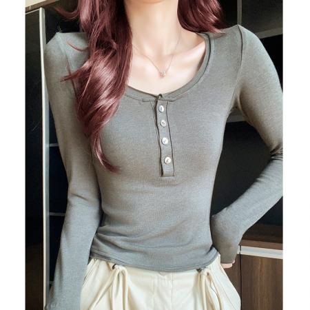 FA47159# 美式收腰长袖t恤女秋季高级感修身打底衫女内搭撞色叠穿神器  服裝批發女裝批發服飾貨源
