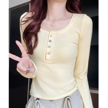 FA47159# 美式收腰长袖t恤女秋季高级感修身打底衫女内搭撞色叠穿神器  服裝批發女裝批發服飾貨源