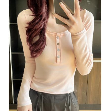 FA47159# 美式收腰长袖t恤女秋季高级感修身打底衫女内搭撞色叠穿神器  服裝批發女裝批發服飾貨源