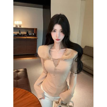 FA47160# 毛毛领系带设计感修身显瘦长袖上衣  服裝批發女裝批發服飾貨源