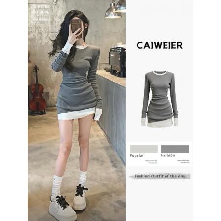 FA47161# 学院风灰色假两件修身收腰包臀短裙巨好看的早秋连衣裙女新款  服裝批發女裝批發服飾貨源