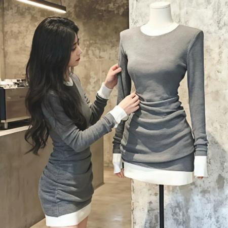 FA47161# 学院风灰色假两件修身收腰包臀短裙巨好看的早秋连衣裙女新款  服裝批發女裝批發服飾貨源