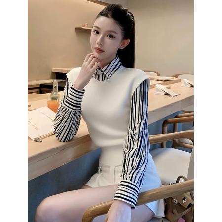 FA47162# 白色翻领针织衫叠穿马甲女新款巨好看早秋季穿搭韩系漂亮上衣  服裝批發女裝批發服飾貨源