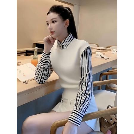 FA47162# 白色翻领针织衫叠穿马甲女新款巨好看早秋季穿搭韩系漂亮上衣  服裝批發女裝批發服飾貨源