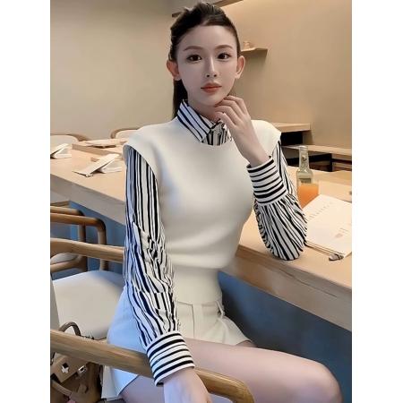 FA47162# 白色翻领针织衫叠穿马甲女新款巨好看早秋季穿搭韩系漂亮上衣  服裝批發女裝批發服飾貨源